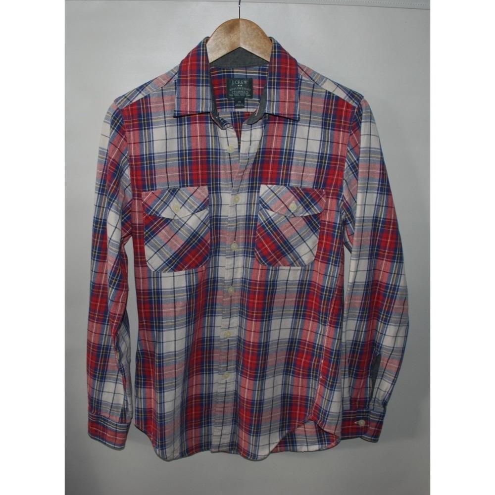 J Crew Flannel Shirt Men XS Blue Red Plaid Long Sleeve Heavyweight Button Up